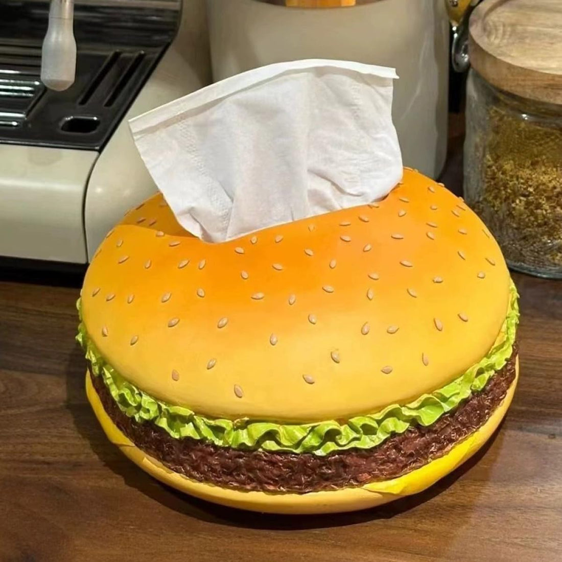 Burger Shaped Tissue Box for Kitchen and Dining Room – Cute Decor Organizes Napkins and Adds Fun Touch to Dining – Strong Plastic Material Easy to Clean for Home, Cafe, Restaurants
