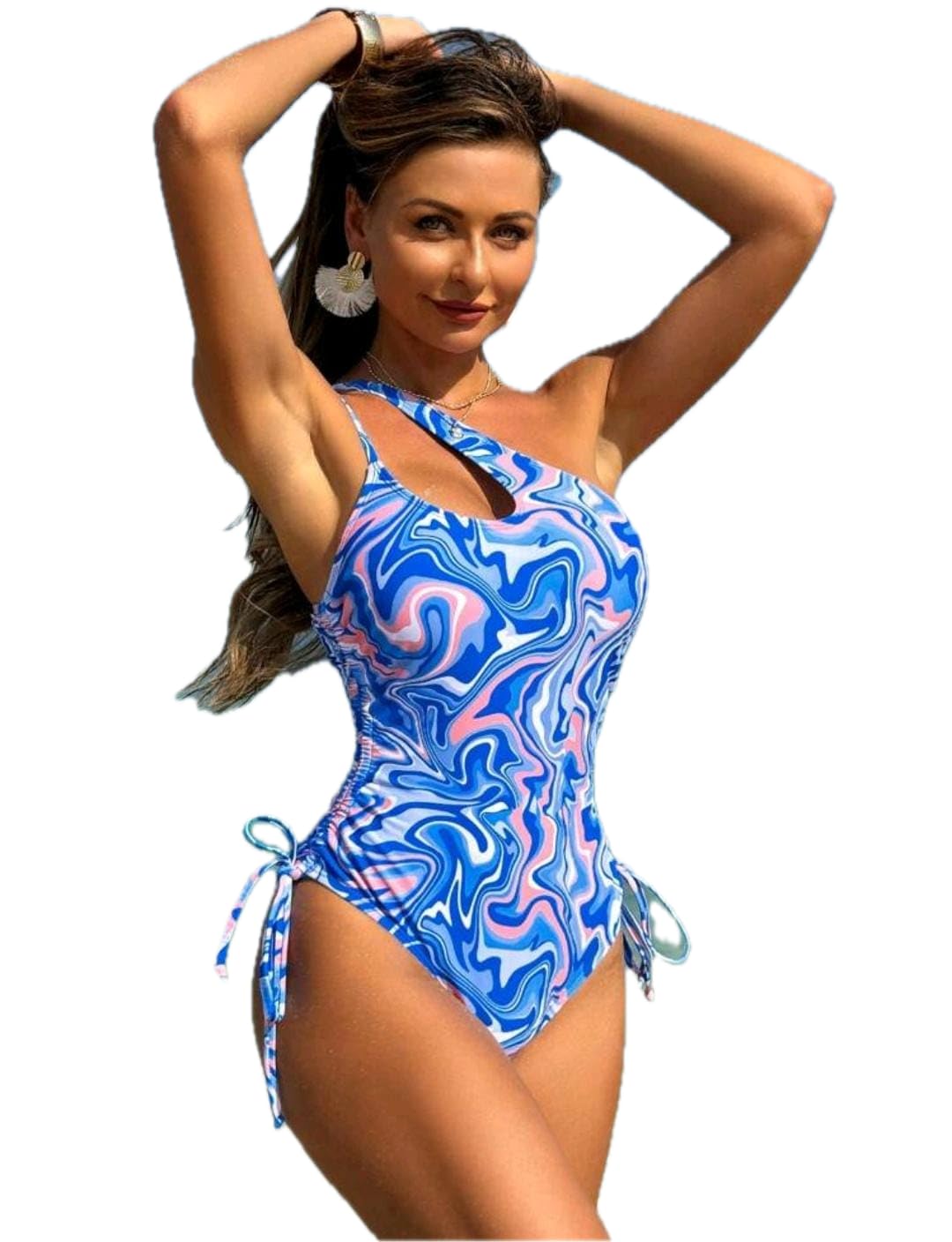 Women's Halter One-Piece Swimsuit, Multicolour Water Wave Print, Cut Out Design, Drawstring Detail