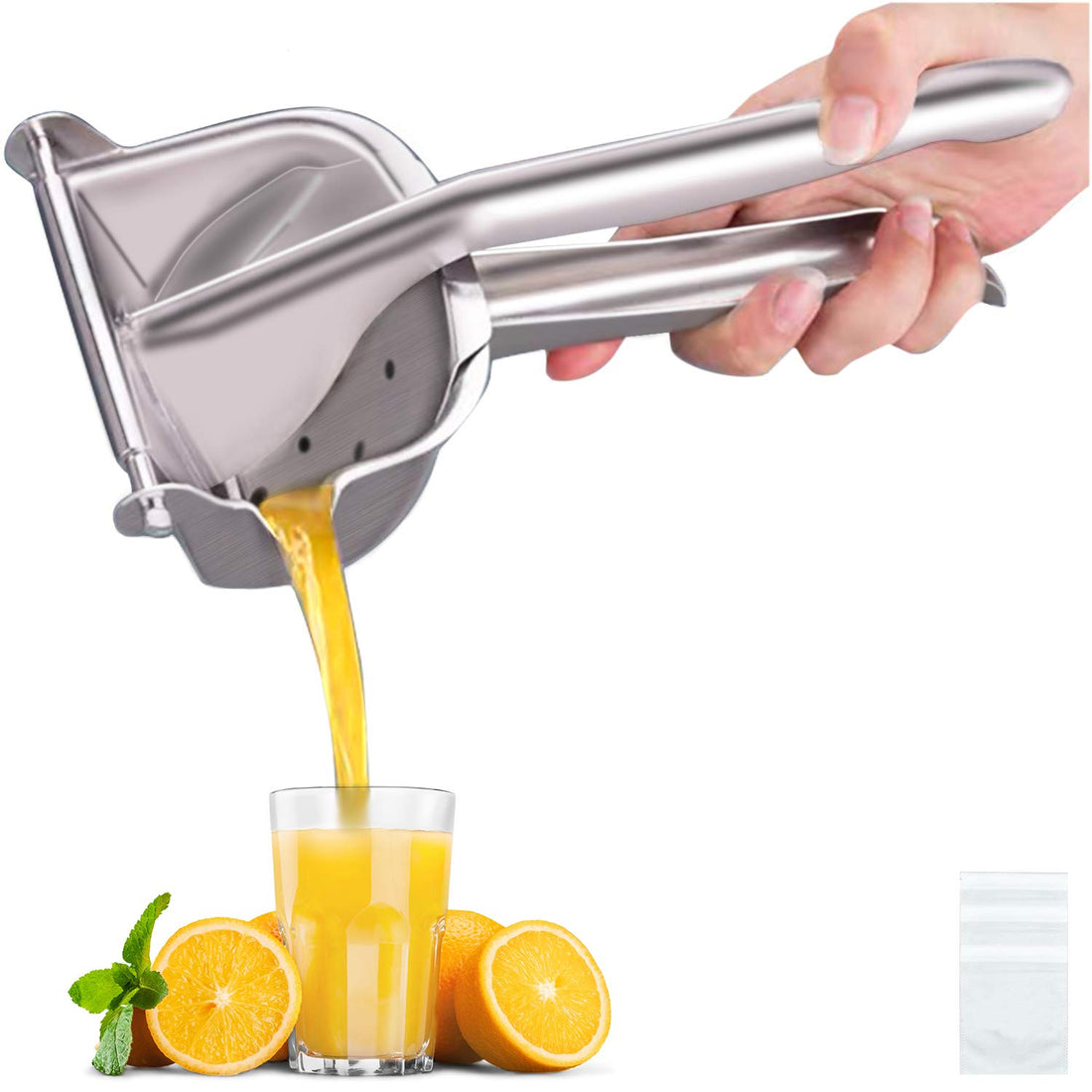 AUAM Real Stainless Steel Lemon Squeezer Citrus Juicer Hand Press Heavy Duty Manual Squeeze Juice Extractor Maker Orange Lime Grapefruit Presser - Bonus 50 Pcs Filter Bags, silver, AUAM-0102