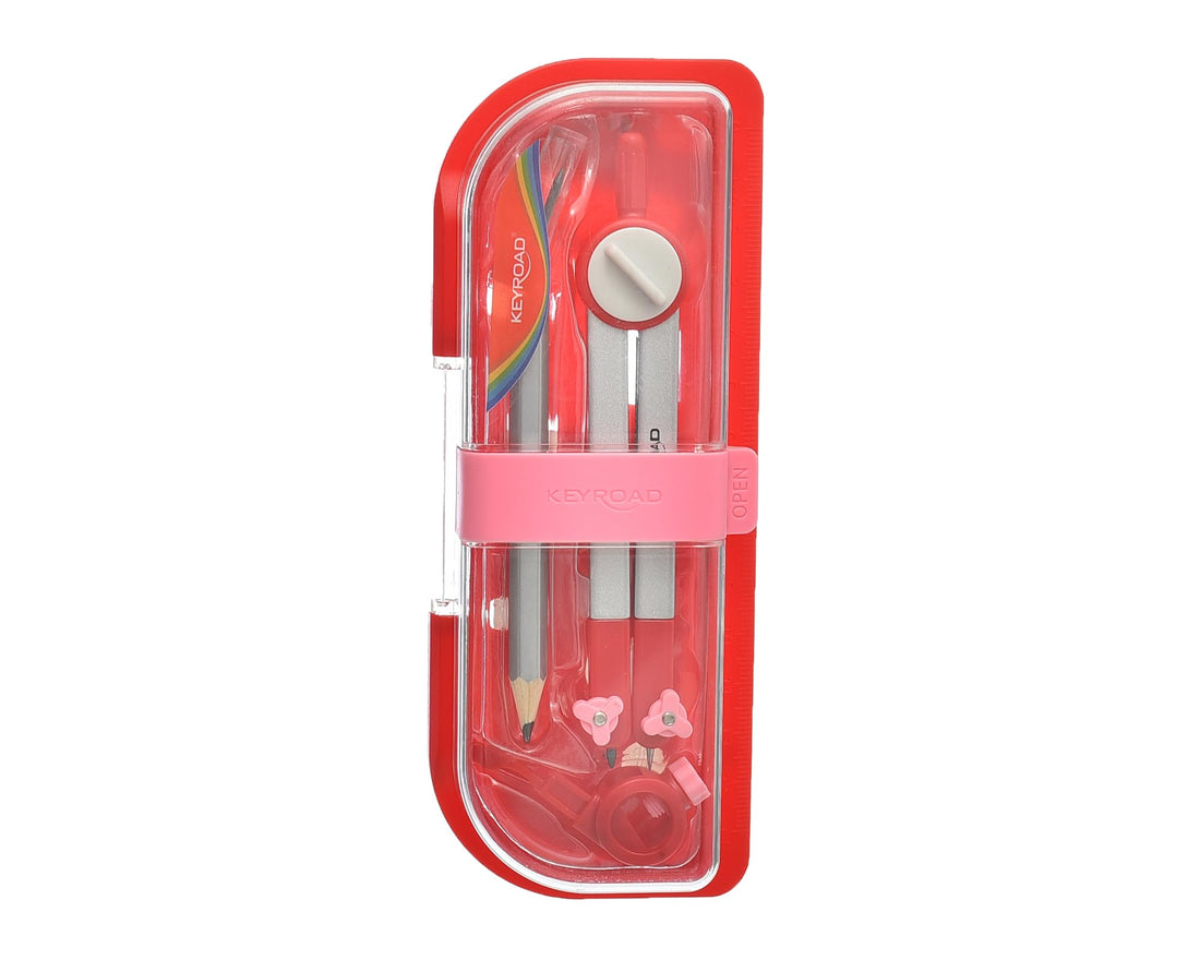Keyroad KR972475 High Quality Metal Compasses Set With Exchangeable Leg, Pencil, Leads Box And Ruler Storage Box For School And Students - Silver Red
