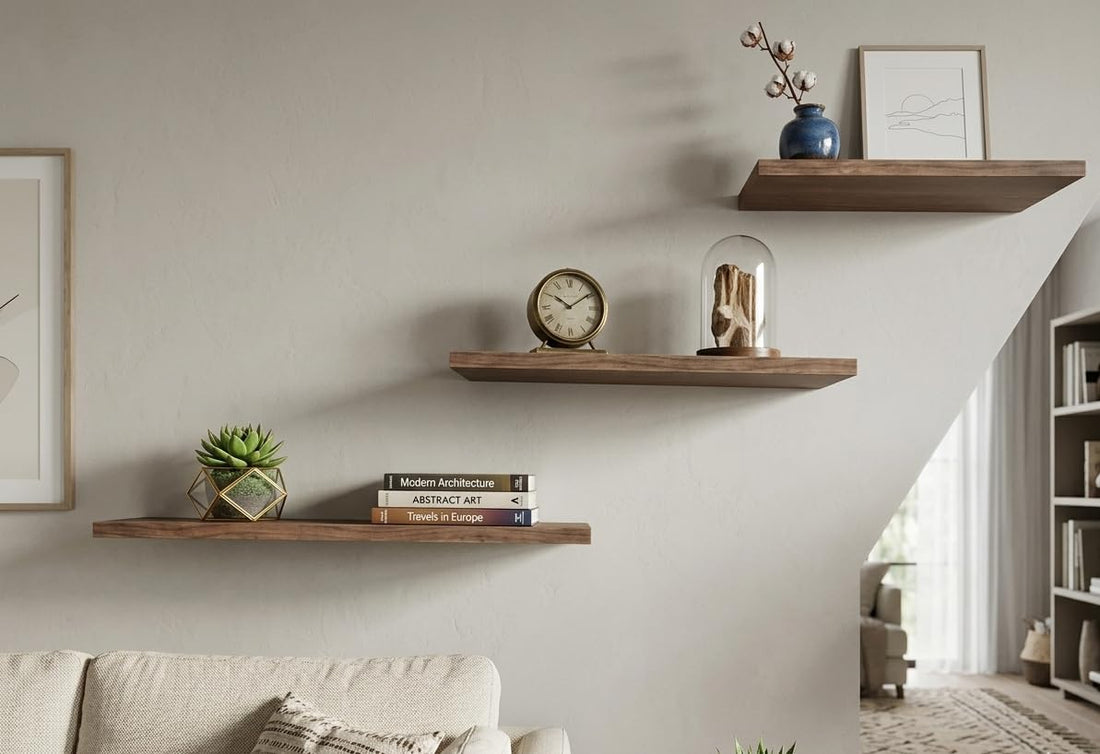 Wood Floating Shelves, High Quality MDF, Brown, Sizes 31cm, 40cm and 50cm, Width 12cm, 3 Piece with Screws and Fisher Installation Accessories and Installation Manual