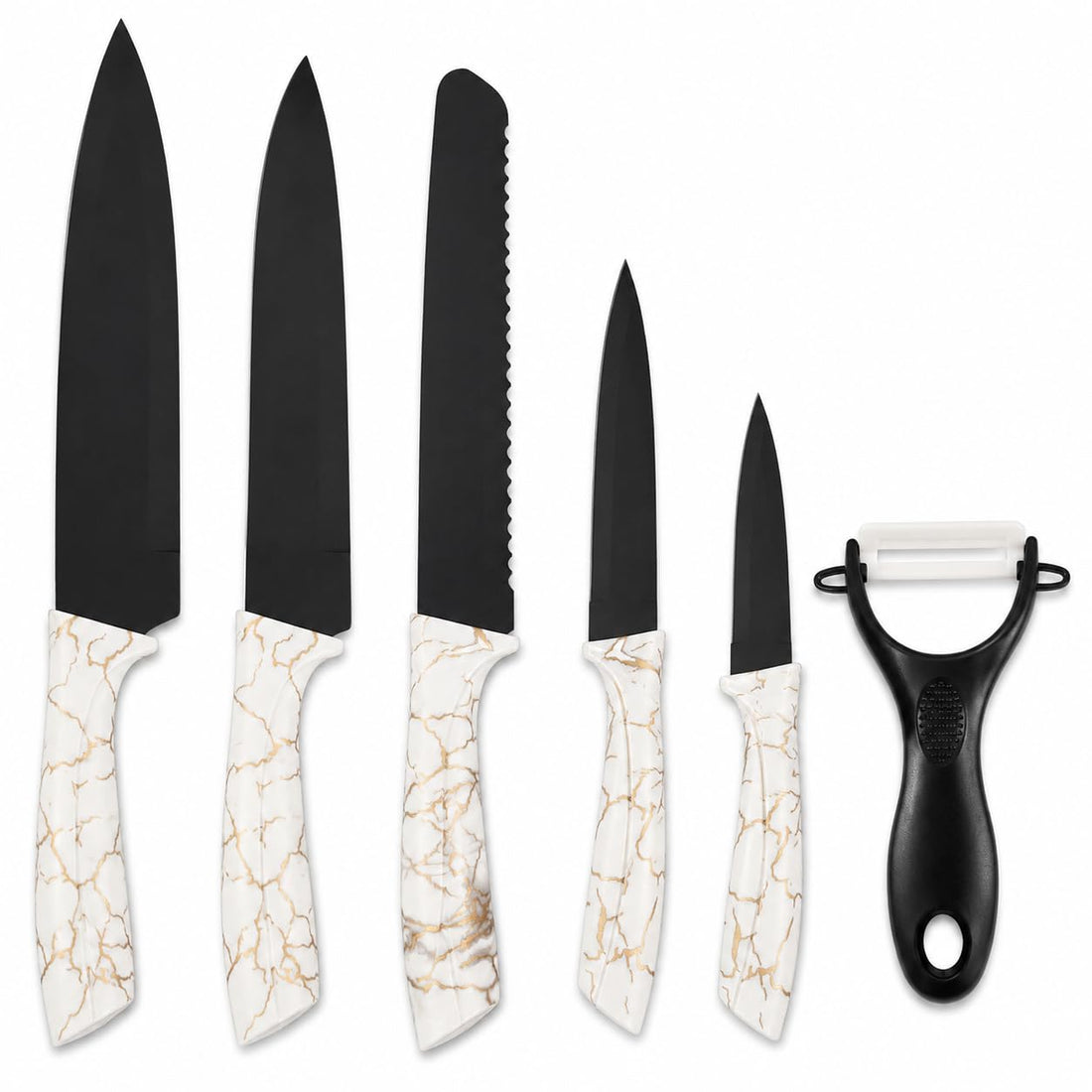 Kitchen Knife Set 6 Pieces, Marble Coated Non Stick Steel Knives with ABS Handles, Cooking Knife Set for Meat Bread Vegetables Fruit, H-735