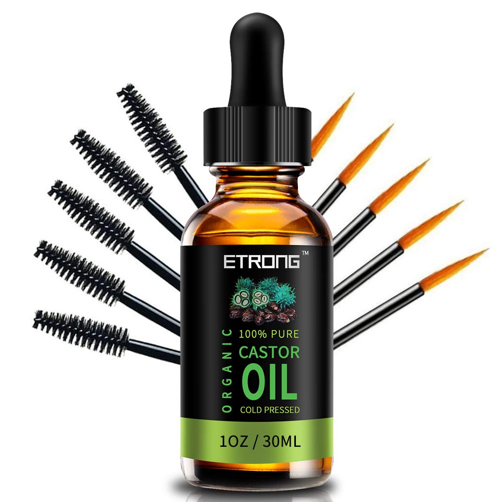 Organic Castor Oil, Cold Pressed Pure Castor Oil for Hair, Eyelashes, Eyebrows, Skin, Hair Growth & Face with 5 Eyeliner Eyebrow Brushes, 1 oz (30 ml)