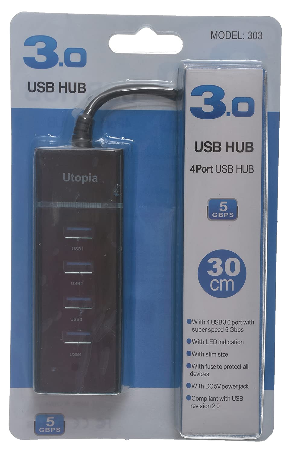 Utopia usb 3.0 hub utb 4 ports, black blue