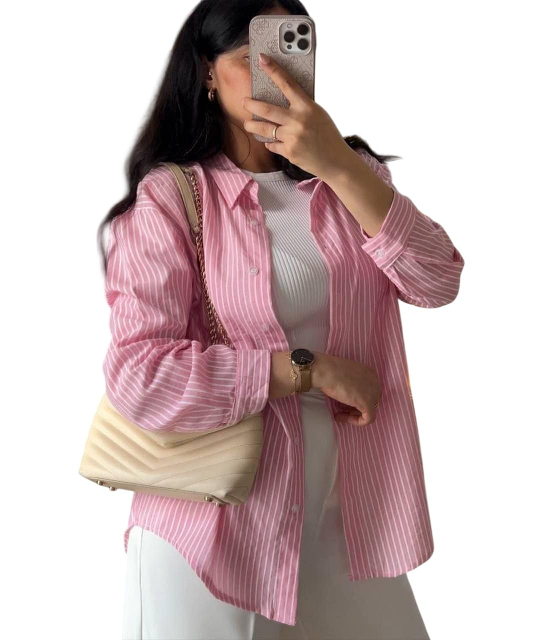 قميص حريمي مخطط ستايل كوري مميز – شيميز كاجوال بناتى مريح بخطوط ناعمة مناسب للجينز والبناطيل الواسعة - قميص كلاسيك ستايل هادئ راقي لإطلالة أنيقة ومميزة من FOUR H كود 4070