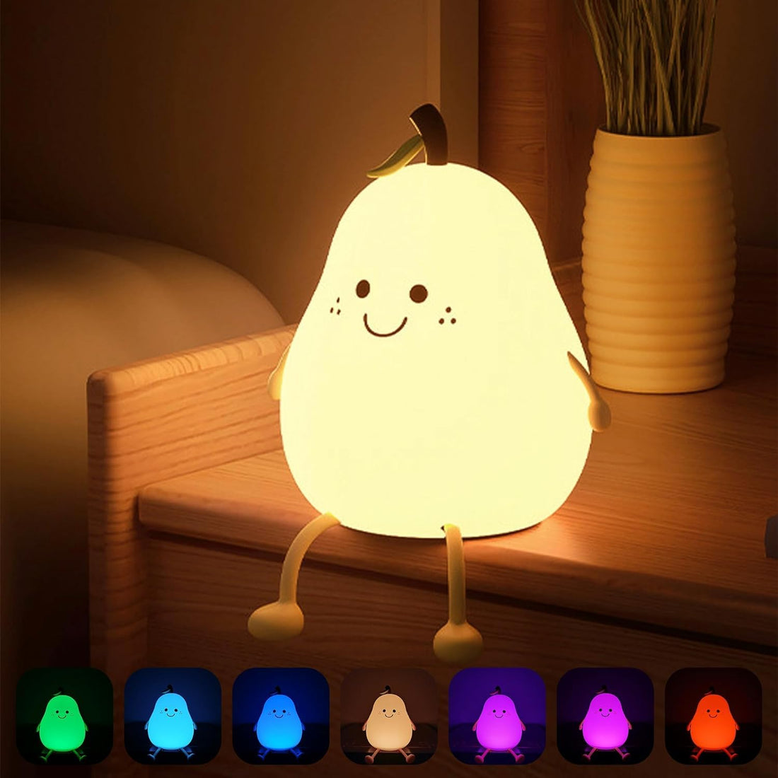Pear Silicone Cute Nursery Led Nightlight Lamp, Tap Control Squishy Silicone, Usb Rechargeable Bedside Lamp For Bedroom, Warm White & 7 Colors For Kids