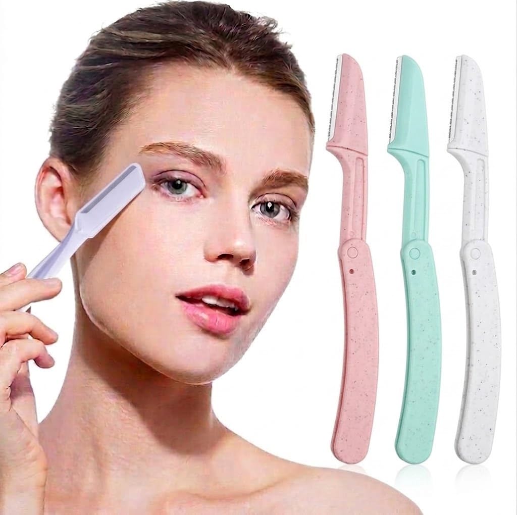 3pcs eyebrow trimmers with sliding cover, Ergonomic Eyebrow Shaper and Facial Razor, for Peach Fuzz, Exfoliating Face Razor-RANDOM DESIGN
