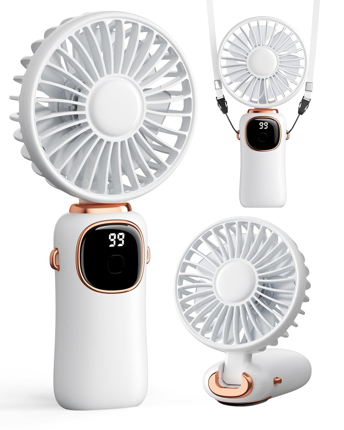 coldSky Portable Handheld Fan, 4000mAh Battery Operated 3 in 1 Multifunction Personal Travel Fans with Digital Display, 90° Foldable Desk Fans with Base, 5 Speed Lash Fan for Makeup/Office (White)