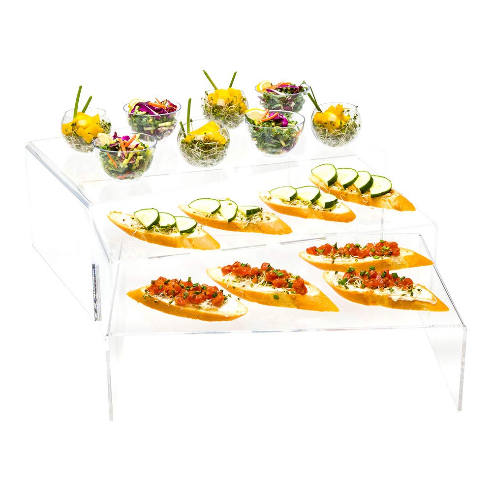 Restaurantware Clear Tek 15.75 x 11.8 x 5.9 Inch Shelf Risers 1 Set Of Rectangle Display Risers - 3 Tiers For Retail And Merchandise Clear Acrylic Shelf Displays Display Treats Or Figurines
