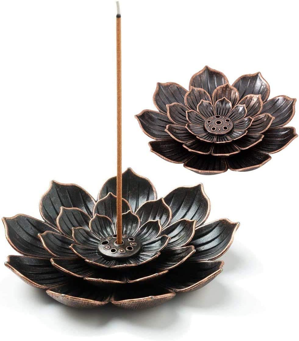 F45 2Pcs Lotus Incense Holder Brass Stick Incense Holder Cone Coil Incense Burner with Detachable Ash Catcher for Home Office Yoga Meditation
