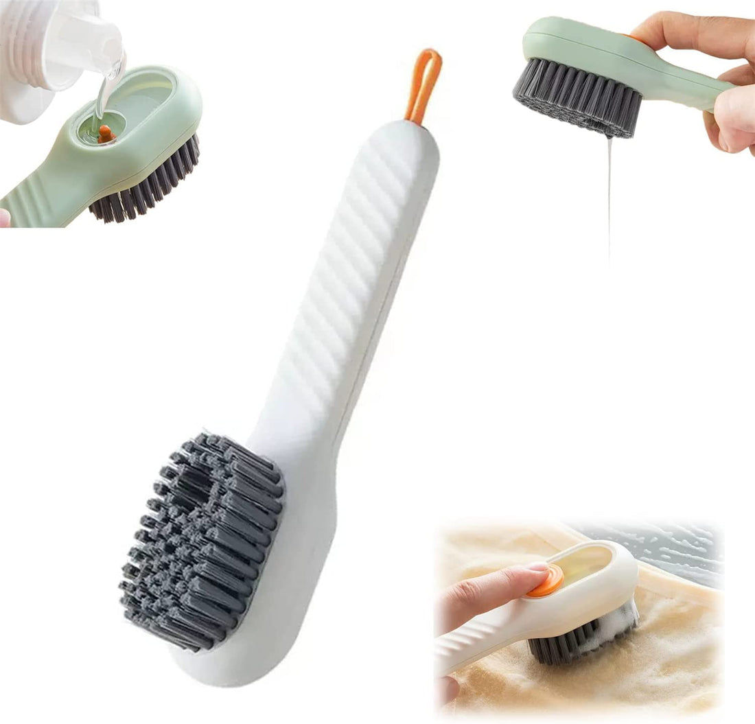 VAIDUE Multifunctional Shoe Brush with Liquid Box, Soap Dispensing Cleaning Brush, Reusable Washing Shoe Brush for Shoes, Clothes Cleaning, Long Handle, Press Type Automatic Liquid Dispensing