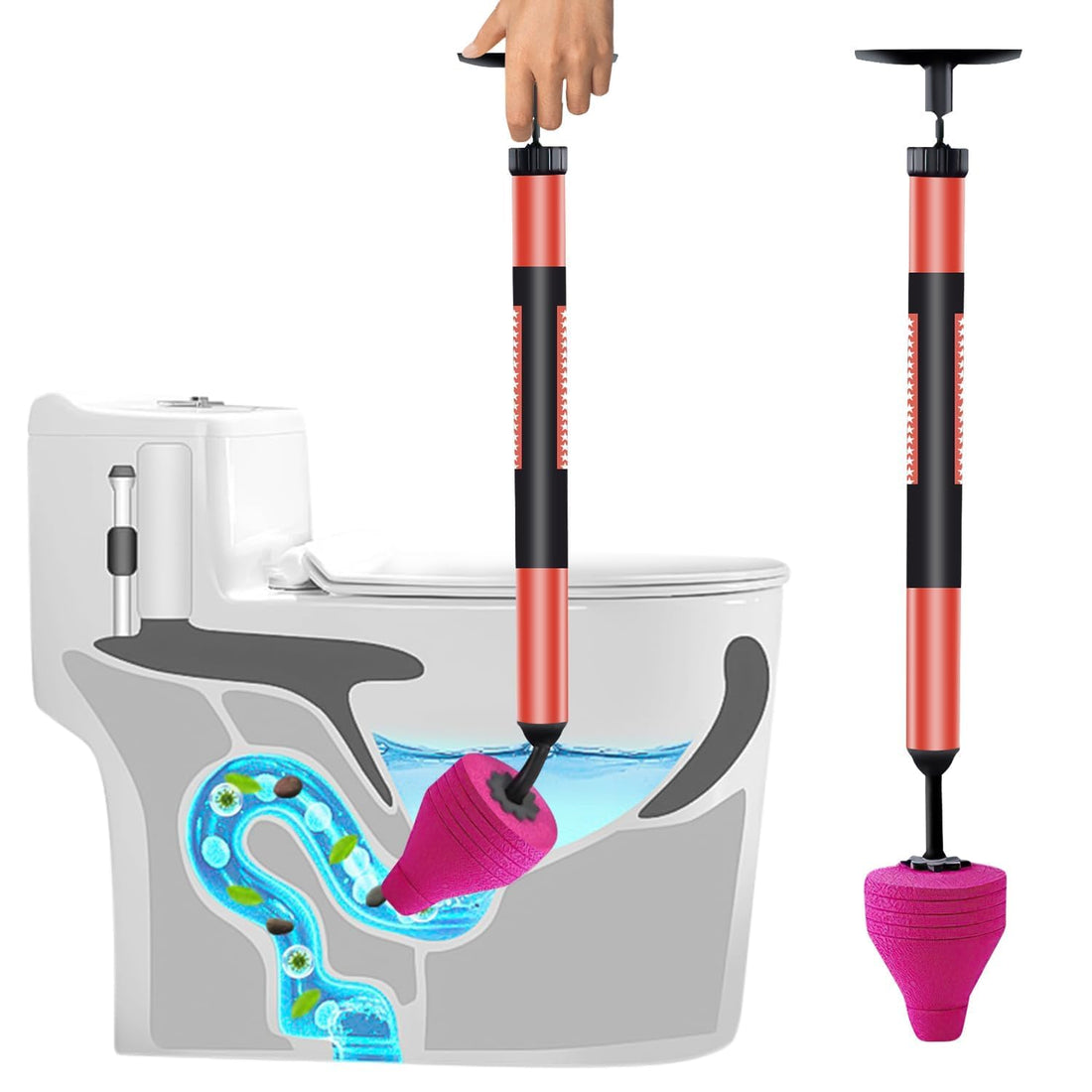 Bukela High Pressure Air Toilet Plunger Kit Stainless Steel Clog Remover for Toilet Bathroom Floor Drain Sewer Pipe Cleaning Tool