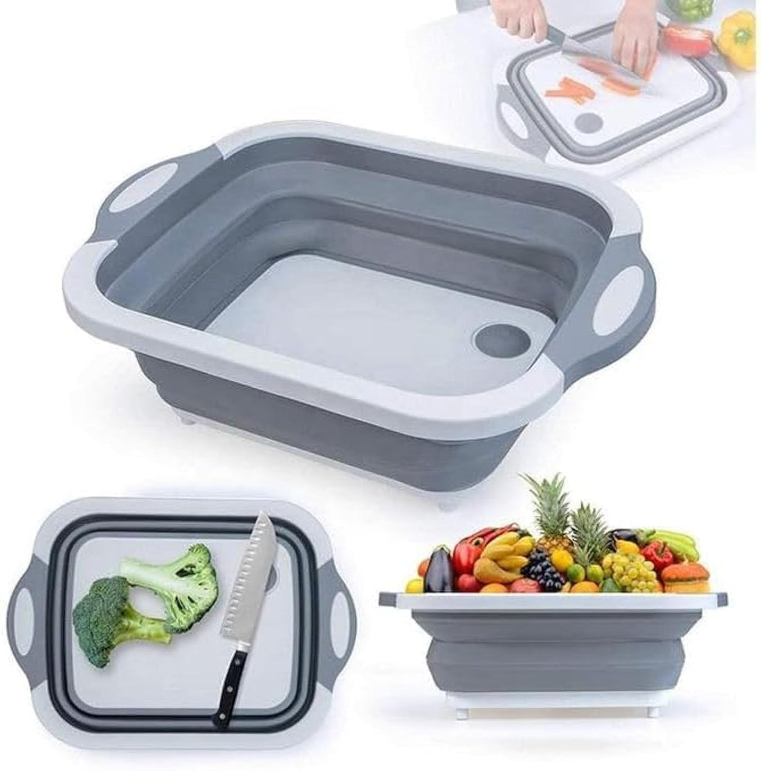 Collapsible Cutting Board, Foldable Dish Tub with Draining Hole, Portable Chopping Board with Colander, 3 in 1 Multifunction Camping Sink for Washing Dish, Bowl, Vegetables and Fruit (Grey)
