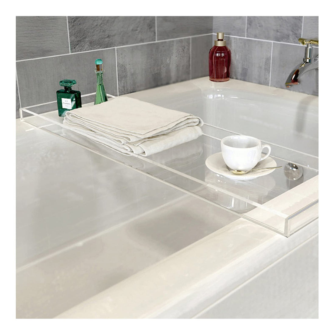 BEST MEDIA Bathtub Tray Caddy, Luxury Acrylic Bath Tub Shelf and Organizer, 82 x 20 cm Spa Tray with Tablet Holder, Perfect for Holding Books, Candles and Bath Essentials, Relaxation Accessory, Clear