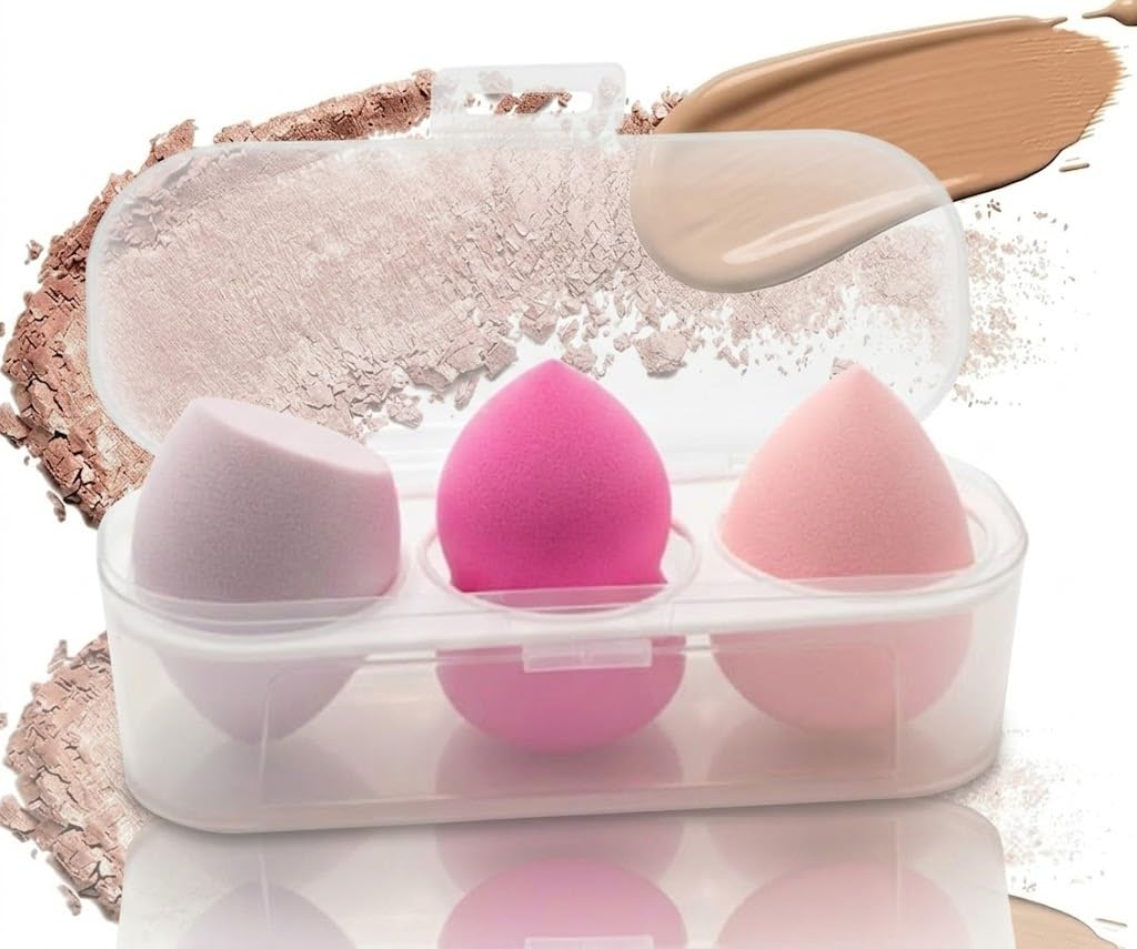 Make Up Sponge Set, 3 Pieces Beauty Blender Sponge, Make Up Sponge, Wet and Dry, for Cream, Liquid Foundation, Liquids and Powder -multicolor with PLASTIC box