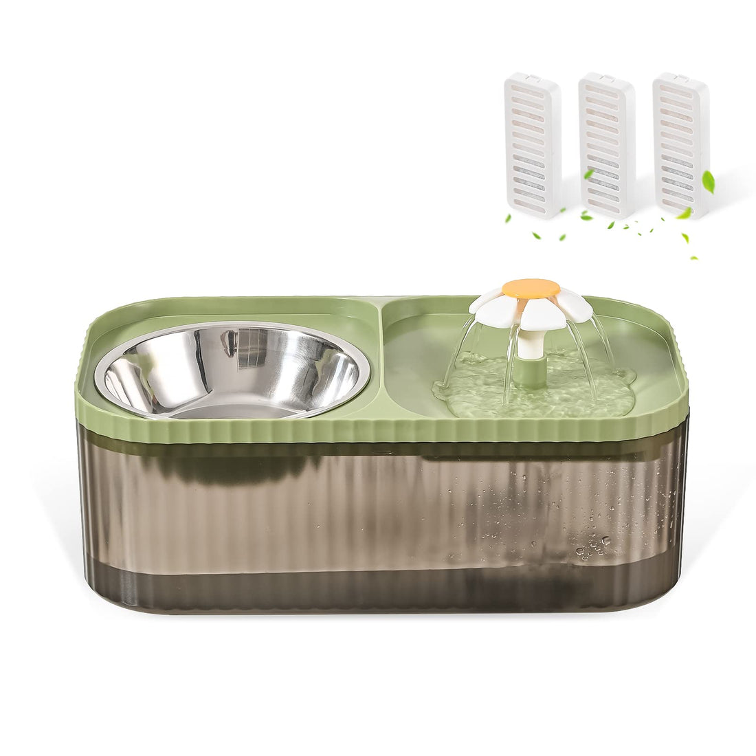 Cat Water Fountain and Food Bowl, 3L/101oz Ultra Quiet Pet Water Dispenser with Smart Pump and 3 Replacement Filters, Automatic Flower Fountain & Stainless Steel Bowl (Black & Green)