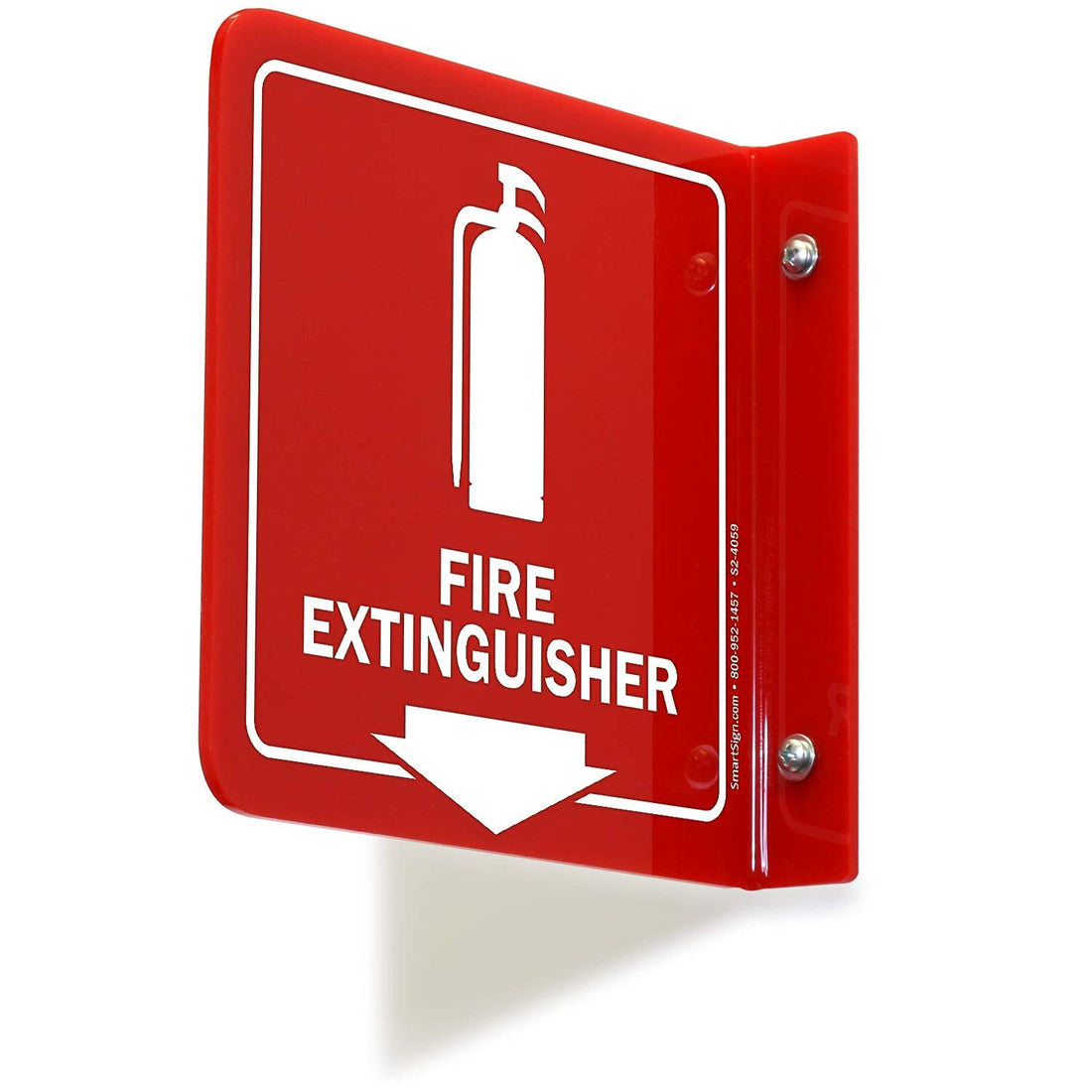 BEST MEDIA Projecting Fire Extinguisher Sign, 15 x 15 cm Polished Acrylic Wall Sign with Down Arrow, Double-Sided Safety Display for Emergency Visibility in Buildings, Offices or Warehouses - Red