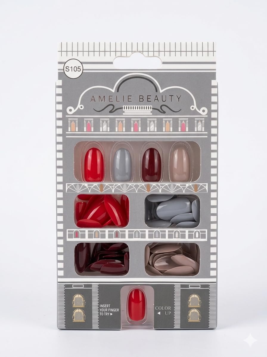Amelie Beauty False Nails, 4 Assorted Colors, Red, Grey, Burgundy and Beige, 96 Count