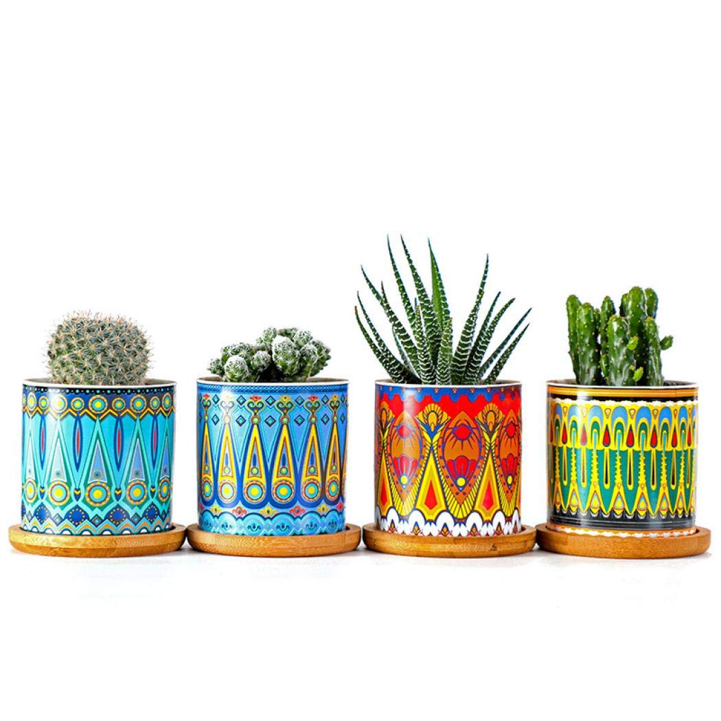 XUDREZ Succulent Plant Pots - 2.95 inch Ceramic Cylindrical Mandala Patterns Planter Containers with Drainage Hole and Bamboo Tray, Modern Cylinder Flower Pot (Plants Not Included) (Four Piece)