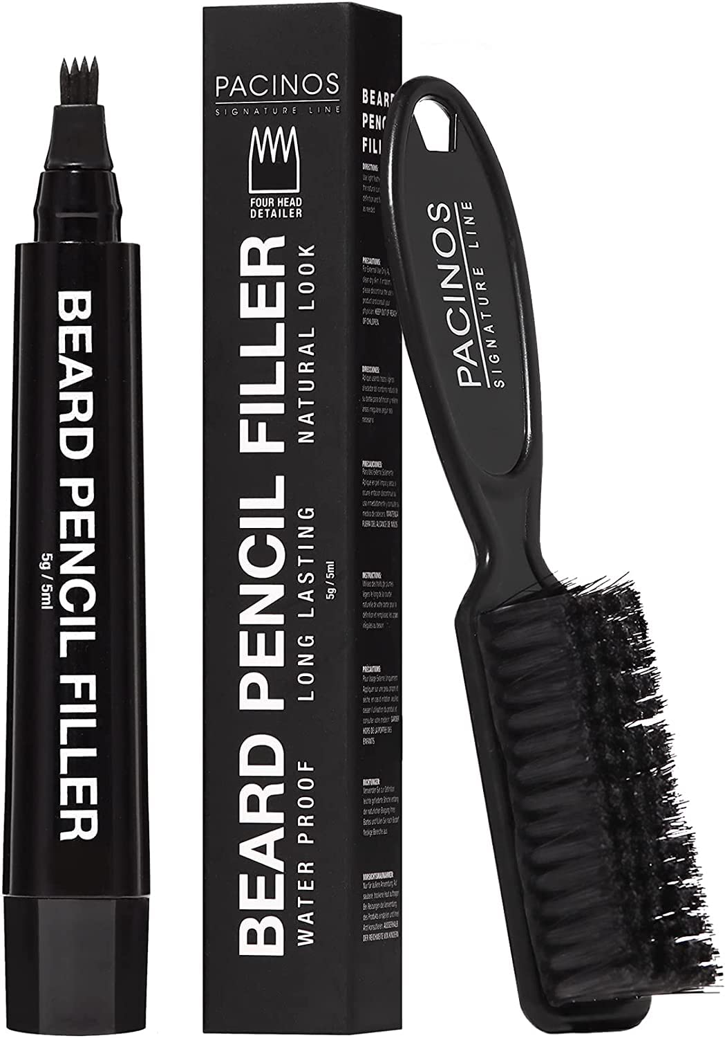 Beard Filler Pen for Men - Waterproof & Sweatproof, Long Lasting - Beard Pen with Small Brush Creates Natural Looking Beard, Mustache & Eyebrows (Black)