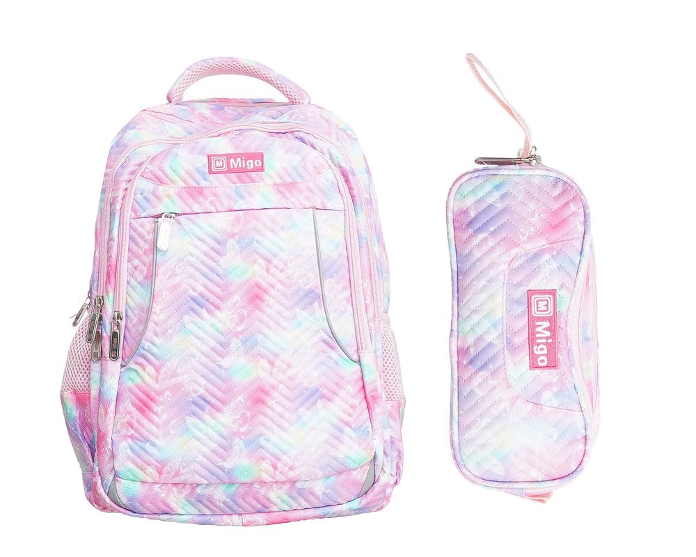 Migo Set of a Laptop School Backpack 18"+ a Pencil Case, Large, Rose