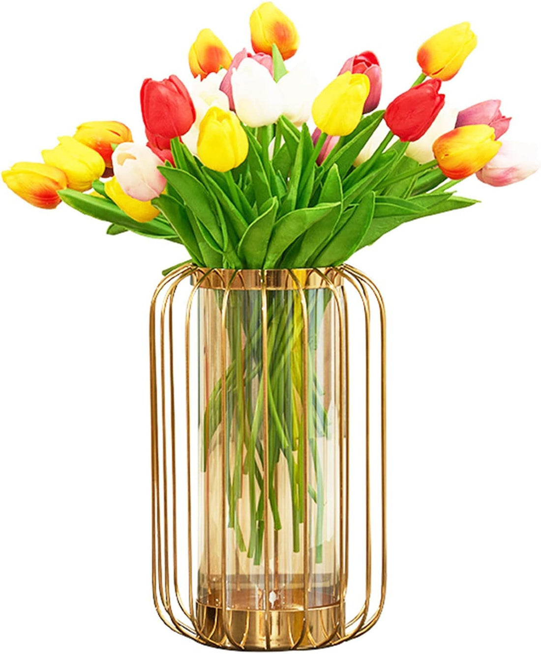 Glass Vase With Metal Frame Hollow-Carved Design, Large Modern Tall Golden Geometric Lantern for Artificial Flowers, Hydroponic Plants, Table and Office Centrepieces (Large)