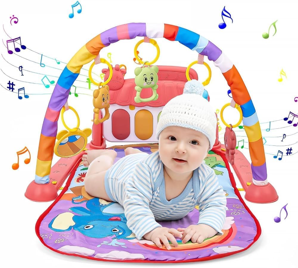 TOYS-EGYPT Baby Play Mat, Fun Piano Play Mat for Tummy Time, Baby Activity Mat with 5 Educational Sensory Toys for Infants, Music and Lights, 0-9-12 Months Code (B-02) (Orange)