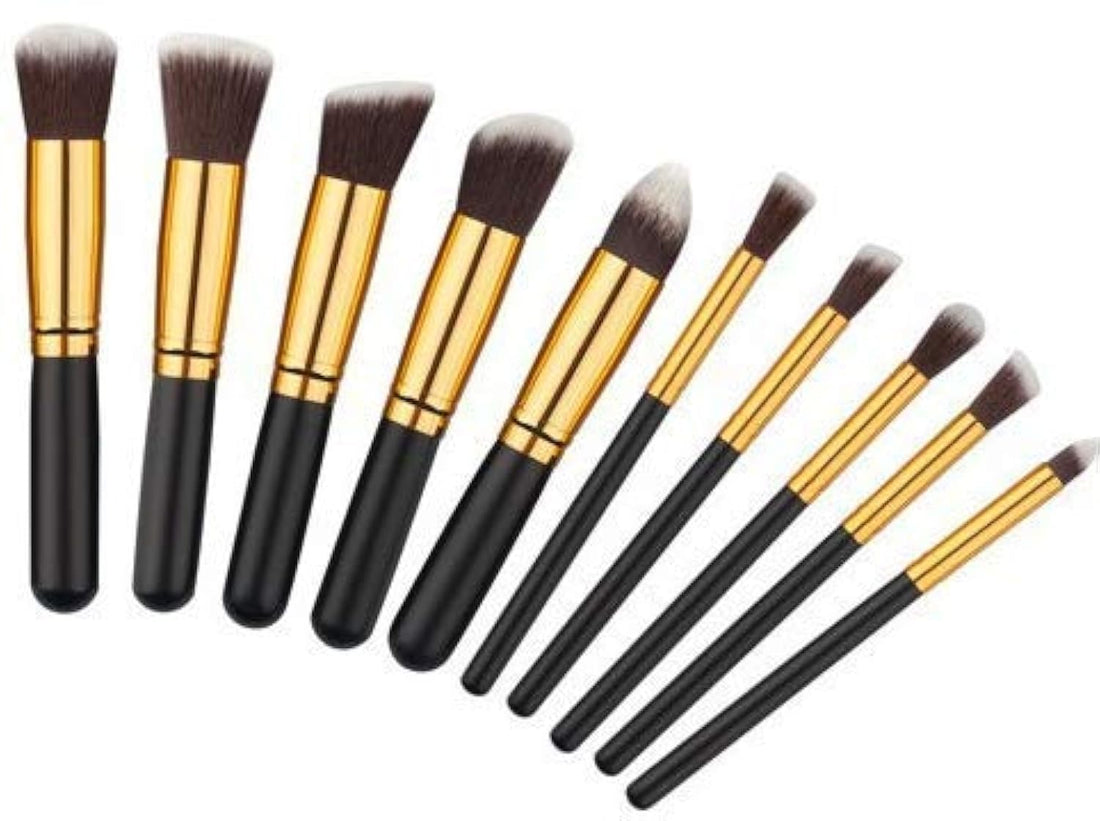 Kabuki Makeup Brush Set Kit - Black and Gold, 10 Pieces