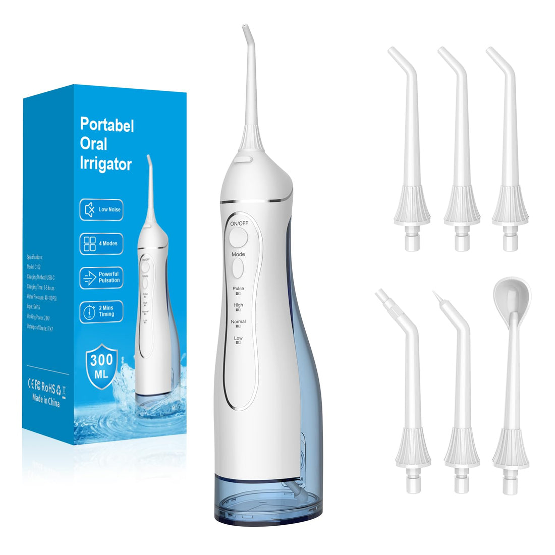 H2ofloss Water Dental Flosser Pick for Teeth, 300ML Portable Oral Irrigator Upgraded Tank Removable,IPX7 Waterproof, Rechargeable Travel Teeth Cleaner, Professional Electric Flossing Machine(White)