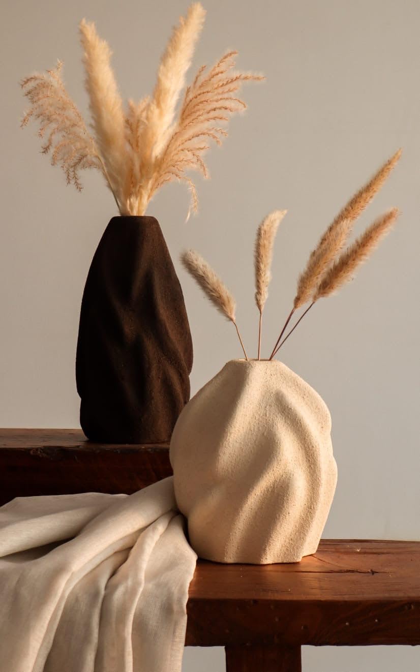 Handmade Wavy Ceramic Vase, Modern Textured Decorative Vase for Pampas Grass, Boho Minimalist Home Decor for Living Room, Bedroom, Office (STYLE2)