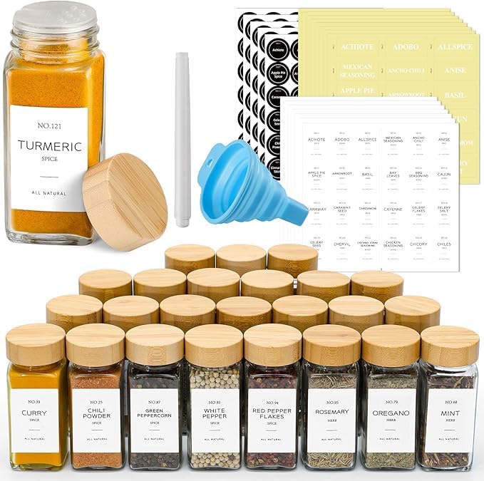 Glass Spice Jars with Bamboo Lids, 24 Pack, 4 oz Square Shape, Includes Labels and Funnel, Kitchen Organization Set