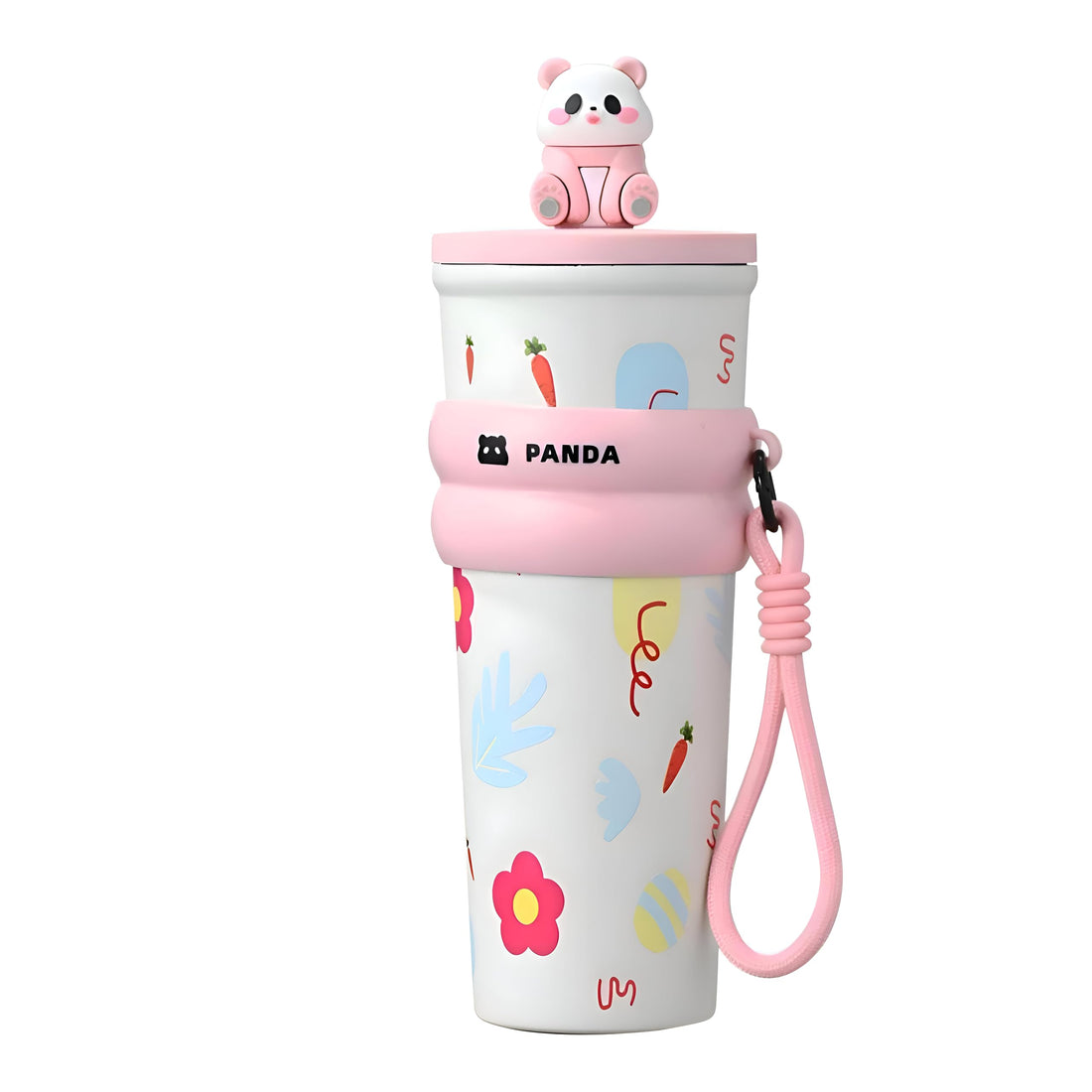 Drink Container - Reliable Thermal Performance, 700ml Capacity, Eye-Catching White and Red Cherry Artwork, Unique Panda-Shaped Lid, and a Functional Non-Slip Grip Band (Pink)