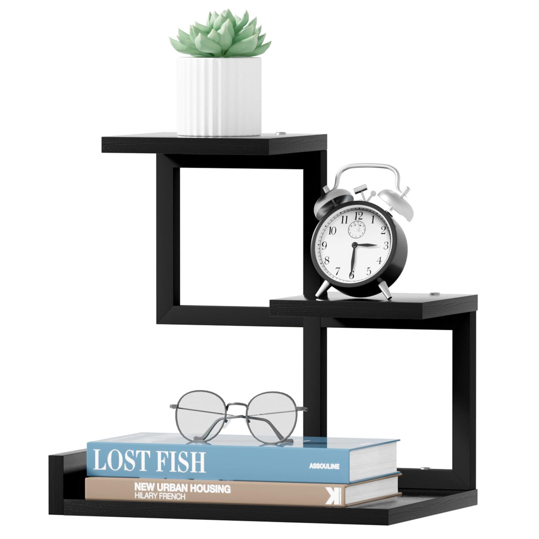 Gannyfer Wood Desktop Shelf - Freestanding Small Bookshelf Desk Supplies Organizers, 3 Tier Storage Display Rack Office Decor, Stand Shelves with Metal Frame for Books/Plants/Toys(Black)