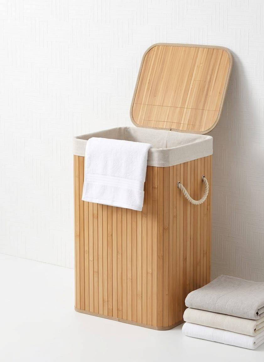 Bamboo Laundry Basket with Lid – 80L – Stylish Dirty Clothes Organizer with Foldable Handle – Multipurpose Storage Basket
