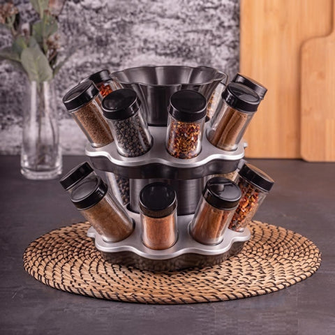 Rotating Spice Rack Organiser, 2-Tier Revolving Tower with 16 Acrylic Jars, Shaker Lids, Countertop Seasoning Storage