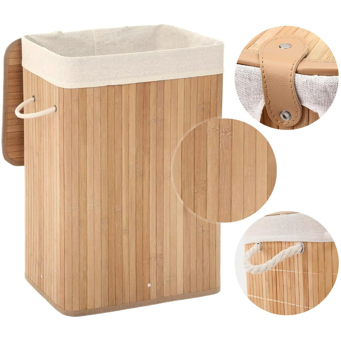 Bamboo Basket with Lid for Dirty Laundry Bin with Folding Handle Laundry Basket Storage Organizer with Cover 80 L