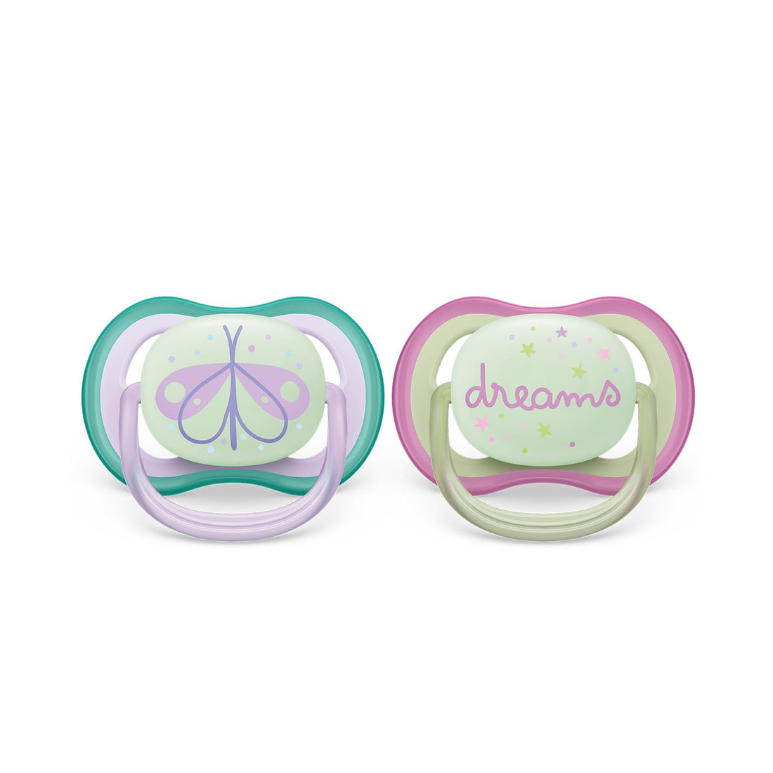 Philips Avent Ultra Air Pacifier - 2 Lightweight Breathable and Glow Pacifier in the Dark for Kids 0-6 Months, BPA-Free with Sterilizing Carry Case (Model SCF376/19)
