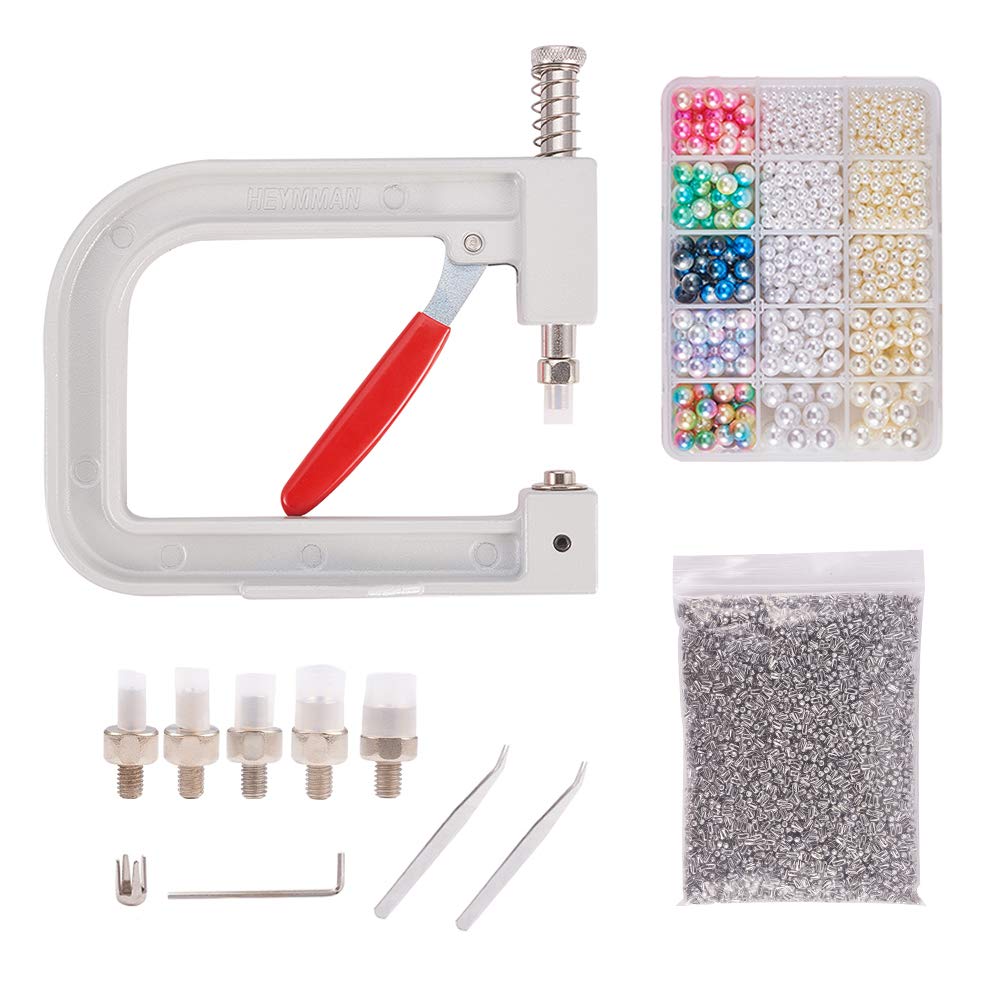 PH PandaHall Pearl Setting Machine Tools Beads Rivet Fixing Machine with 1250pcs 5 Size Imitation Pearl Acrylic Beads, Pearl Rivet Buttons and Tweezers for Hats Shoes Clothes Bags Skirts DIY Crafts