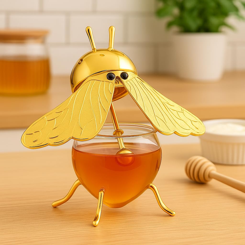 Home Care GG-1273 Bee-Shaped Honey Jar, Glass with Two Gold Wings, Medium, Decor,Home Use