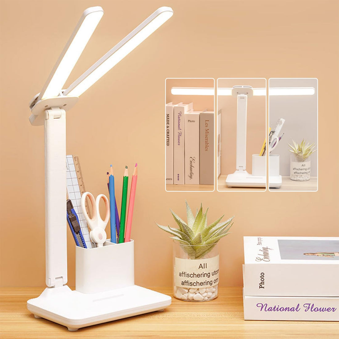 Necomi Double Head LED Desk Lamp With Pen holder, Table Lamp, Rechargeable, Eye-Caring, Touch Control With USB Charging Port-Bedside Table Lamp for Reading, Study Lamp for Kids, Home, Office, White