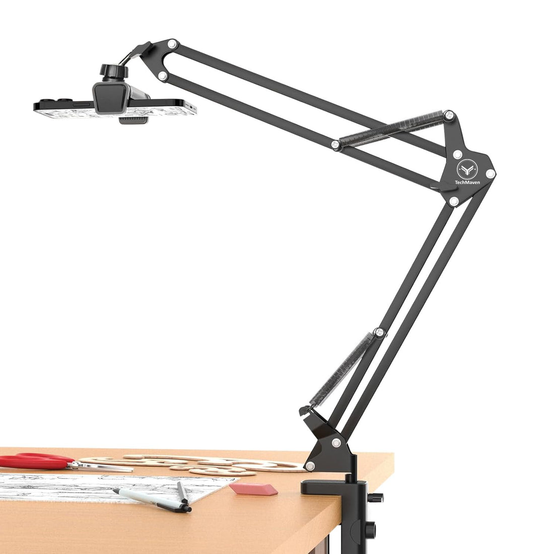 TECH MAVEN Overhead Stand with Phone Holder, Metal arm and Bracket for All Mobiles Phones, Useful for Video Streaming, Bedroom, Office Meetings, Cooking Video, Black