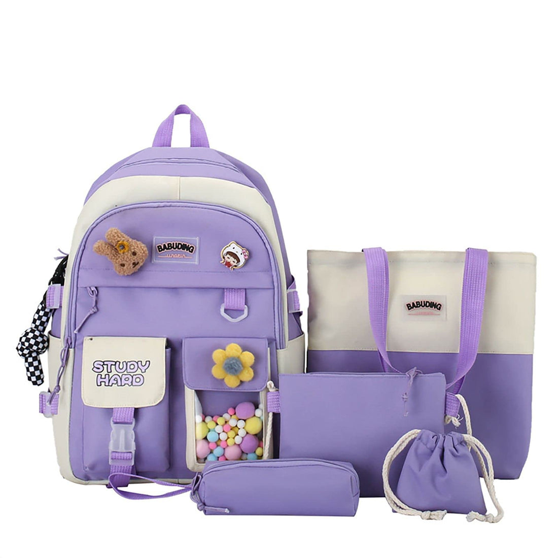 Kawaii Backpack 5Pcs Set for Student with Cute Bear Accessories - School Bags for Teen Girls Back to School Supplies