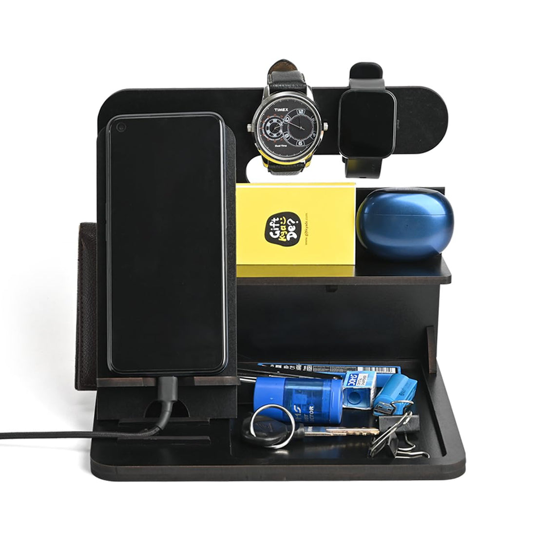 Gift Kya De GKD Desk Organizer & Docking Station (6 in 1) with Mobile Stand for Him for Husband for Brother Table Organizer (Black) (Eco Friendly)