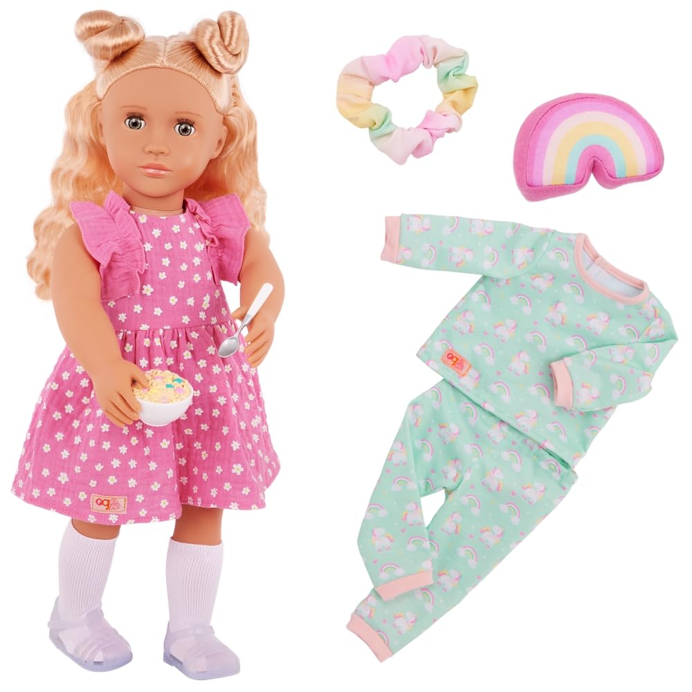 Our Generation 18" Doll with Pink Polka Dot Dress, Rainbow Pyjamas, Hair Scrunchie and Accessories