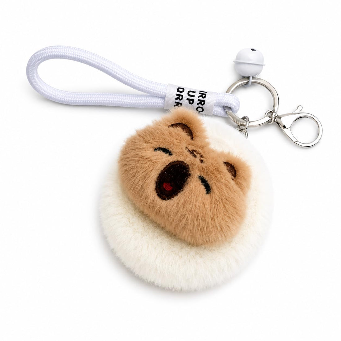 Fluffy Compact Mirror with Cute Bear Design, Foldable Double-Sided, Wrist Strap and Bell Charm