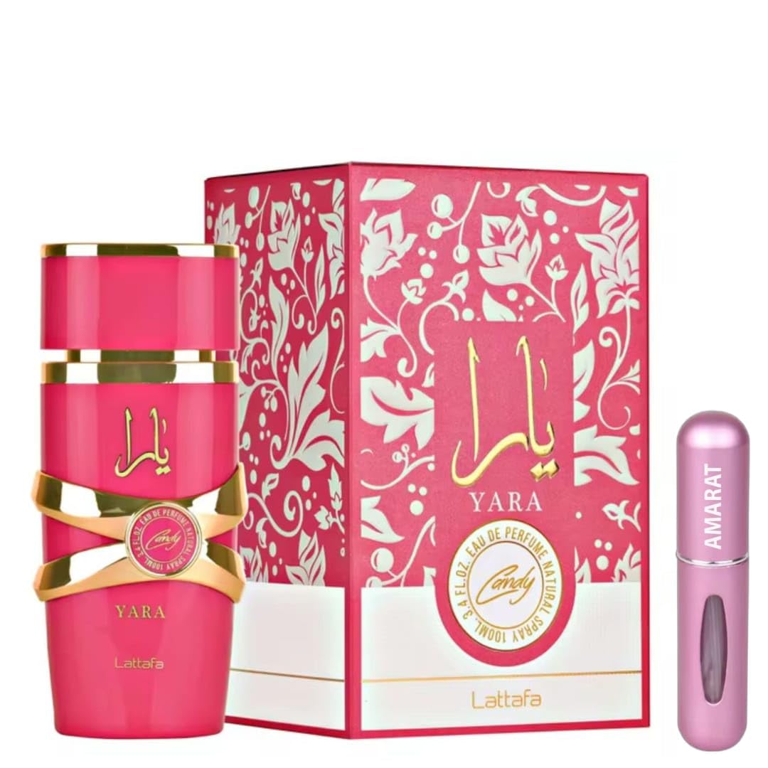 Yara Candy Original Perfume 100 ml, Long Lasting Arabic Perfume for Women, EDP Imported from Dubai, Includes Atomizer 5ML AMARAT, Sweet Fragrance with Notes of Fruits and Vanilla (Yara Candy)