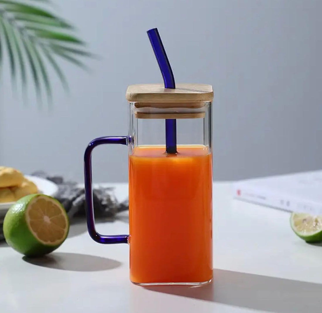 Year Pyrex 400ml Square Glass with Wood Lid and Shalmio or No Straight to Fire, Juice Cup and Cocktails Cold and Hot Beverage Cup (Blue, Wood Lid and Shlmoo)