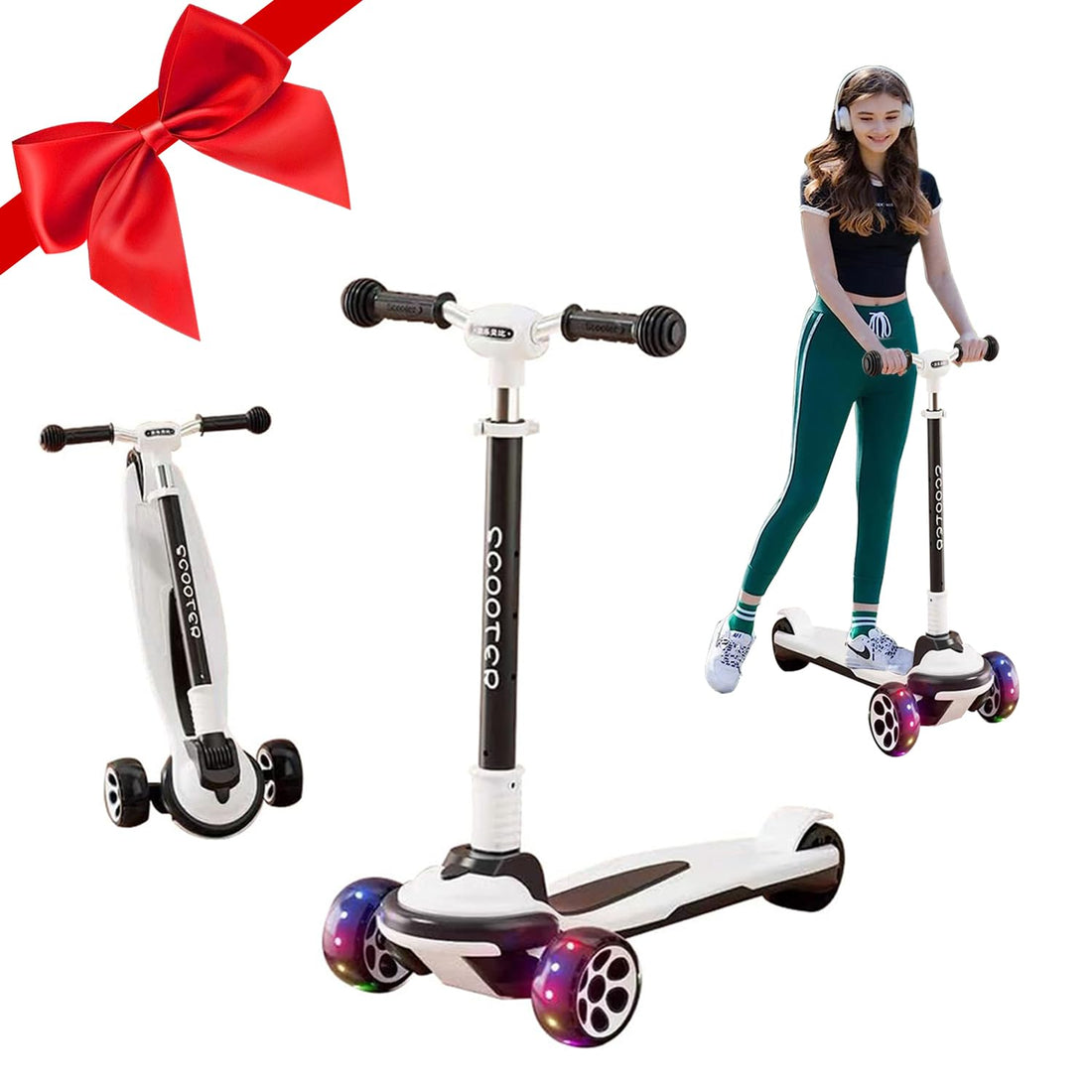 Kids Scooter, DMG 3 Wheels Foldable Kick Scooter, 5 Adjustable Heights, LED Light Up Wheels, Can Hold Up To 300 Lbs,Shock Absorption Design, Lean to Steer, Balance Training Scooter for 3-18 Girls Boys