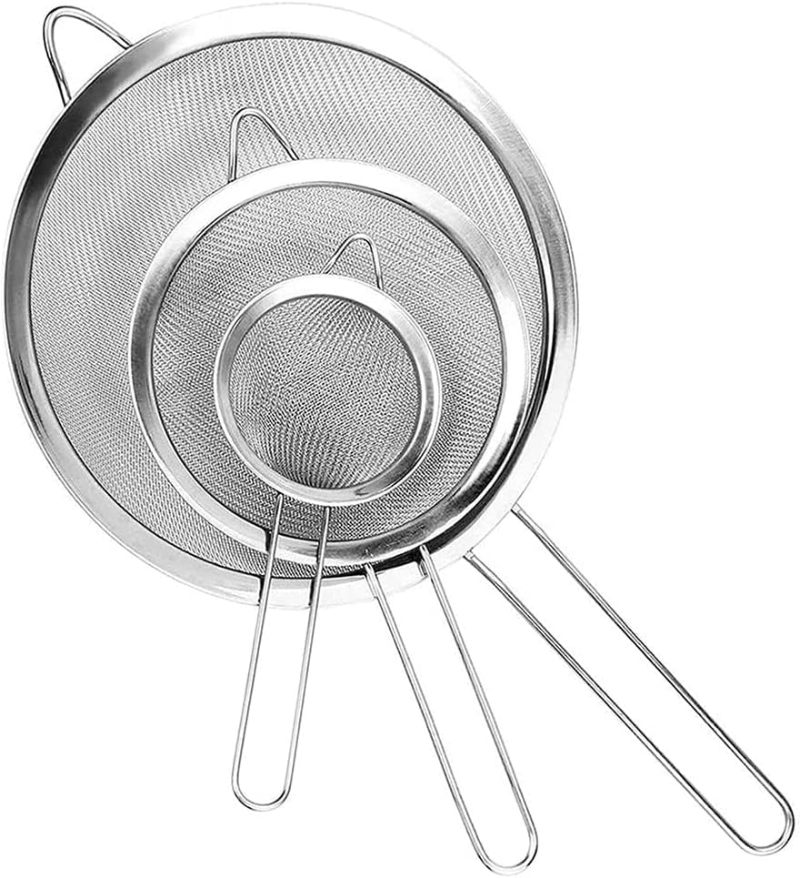 OVA Set of 3 Stainless Steel Fine Mesh Sieves – Multi-Purpose Strainers for Flour, Baking, Cooking, Draining and Washing