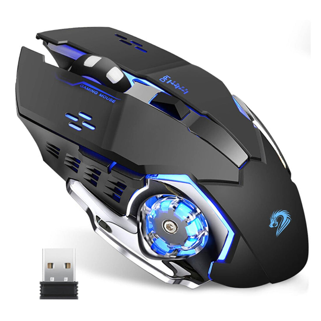 Uciefy T85 Rechargeable Wireless Mouse, 2.4G Ergonomic Silent Gaming Mice Portable Optical with USB Receiver, 3 Adjustable DPI, 6 Buttons LED Lights Compatible with Laptop/PC/Chromebook (Black)
